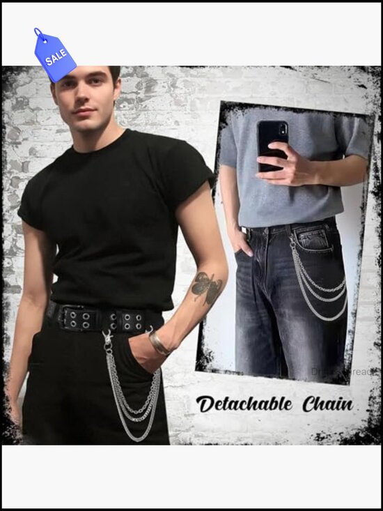Double Grommet Studded Belt with Detachable Chain Goth Punk main image 6